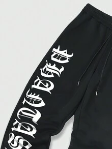 ROMWE MEN Goth 男士交叉&字母圖案腰部抽繩衛褲 - 黑色 - 查看 7