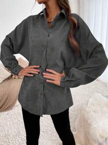 SHEIN Essnce 素色前紐扣燈芯絨襯衫 - 灰色 - 查看 3