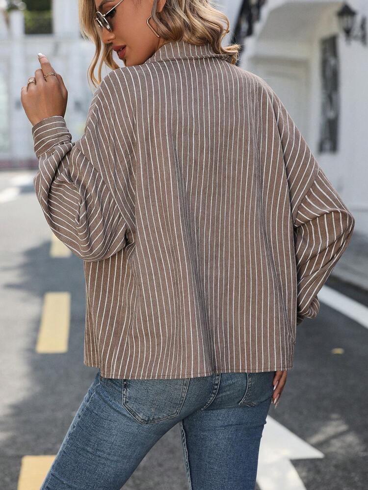 Striped Print Drop Shoulder Flap Pocket Jacket