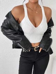 SHEIN LUNE Solid Criss Cross Back Crop Cami Knit Top - White - View 1