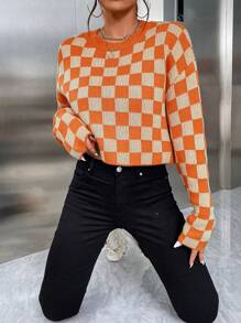 SHEIN Unity 女式休闲格纹宽松落肩毛衣，秋冬 - 彩色 - 查看 4