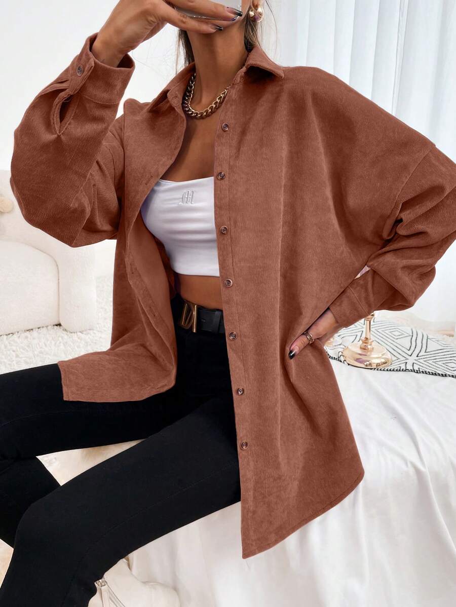 SHEIN Essnce Chất rắn Nút phía trước Thả vai Vải to sợi Áo sơ mi - Gỗ đỏ - Xem 1