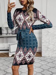 SHEIN Clasi 女式幾何圖案緊身連衣裙,配帶腰身裙帶 - 彩色 - 查看 6