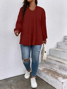 SHEIN LUNE Áo nỉ cổ rộng màu trơn dáng rộng - Màu Đỏ Sâu - Xem 5