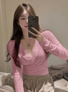 DAZY 素色交疊領蕾絲邊短款T恤 - 粉色 - 查看 3