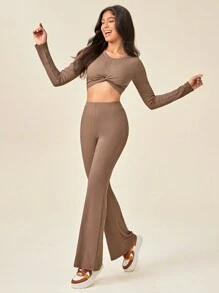 SHEIN Sports Twist Front Crop Tee & Flare Pants Sports Set - Brown - View 1