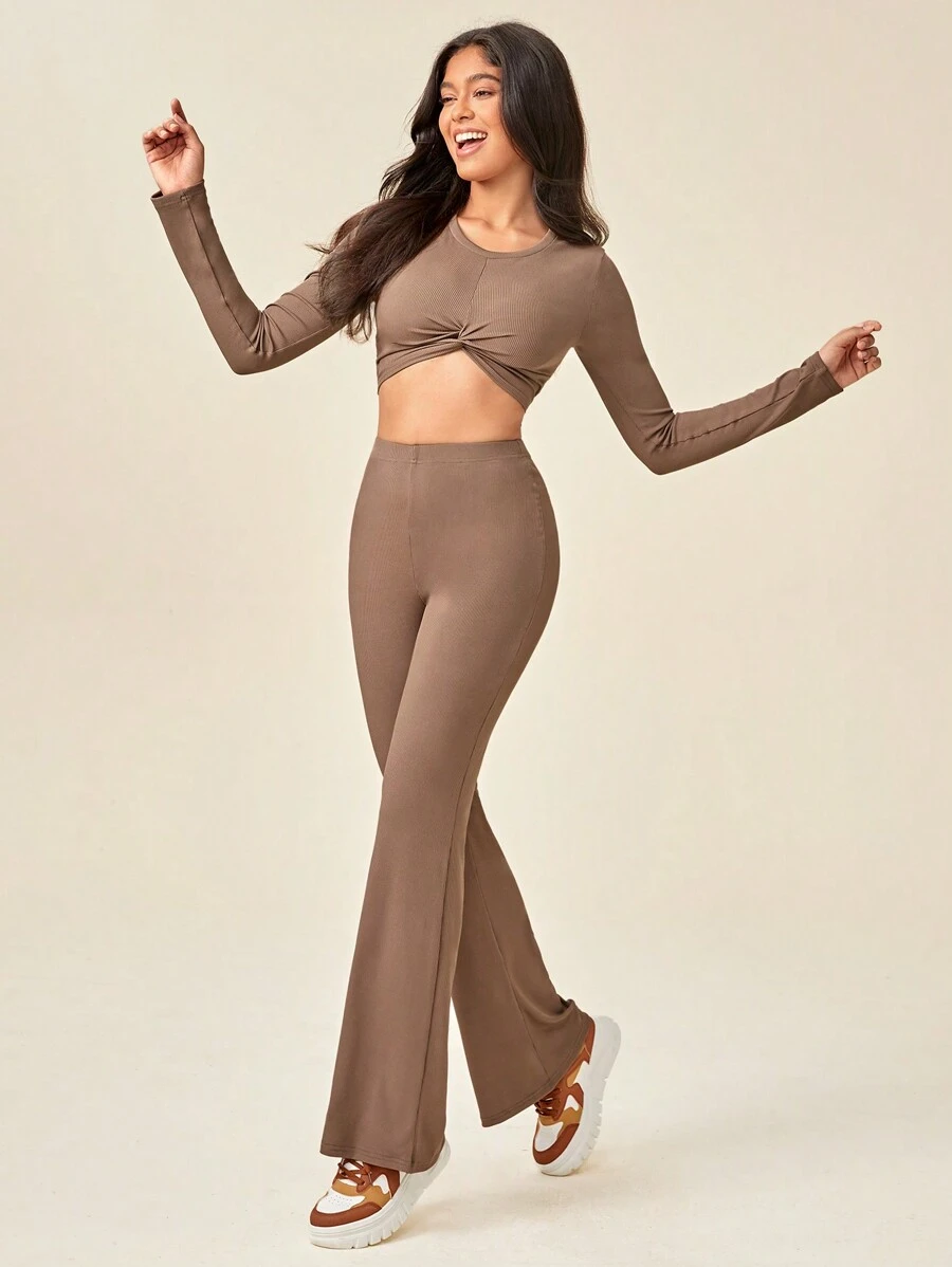SHEIN Sports Twist Front Crop Tee & Flare Pants Sports Set - Brown - View 1