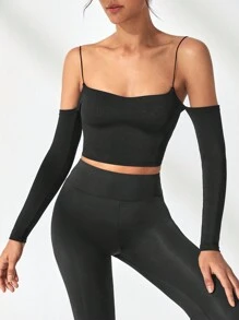SHEIN Sports Women's Open Shoulder Sports T-Shirt - Black - View 6