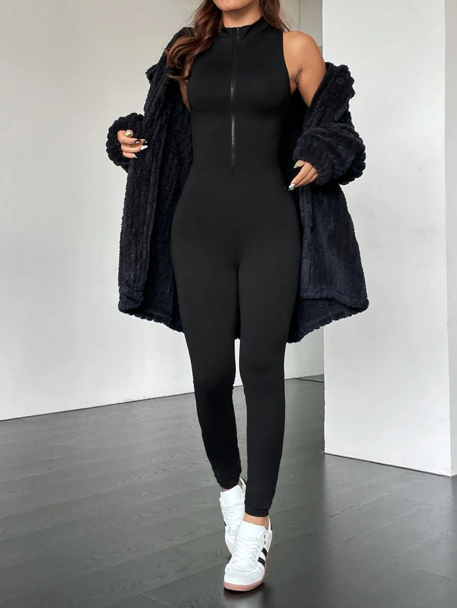 SHEIN EZwear 素色前拉鏈彈力緊身連體褲