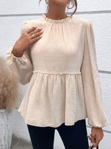 SHEIN Essnce Của phụ nữ Áo sơ mi Với Nếp uốn Vòng cổ Và Xù Hoa Sen - Màu be - Xem 5