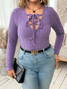 Flirla Plus Size Women Solid Color Tie Collar Long Sleeve Ribbed Casual T-Shirt, Autumn - Purple - View 6