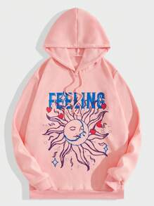 ROMWE MEN Street Life Các bạn mặt trời & Đồ họa Chữ cái Dây rút Lót nhiệt Hoodie - Hồng - Xem 1