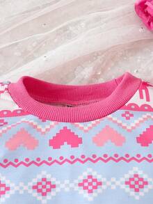 Đứa bé gái In Trái tim Viền Ruffle Áo len & Quần nỉ - Màu Hồng Tươi - Xem 5