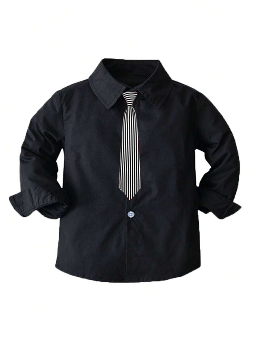 Camisa de manga larga negra de estilo INS nueva para niño pequeño, camisa formal para niños, parte superior de manga larga estilo europeo y americano para niño pequeño - Negro - Ver 1