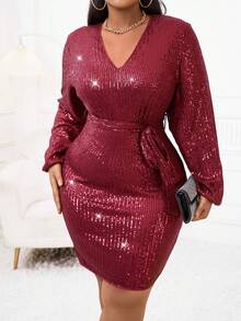 SHEIN BAE Plus Lantern Sleeve Belted Sequin Bodycon Dress - Burgundy - View 4
