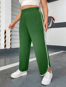 SHEIN MOOSTA 大碼撞色滾邊長褲 - 綠色 - 查看 4