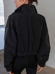 Dazy Designer Băng tương phản Thả vai Dây kéo Áo khoác - màu đen - Xem 2