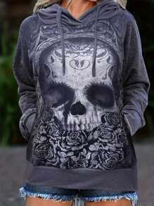 Gothic Halloween Pattern Skull Women's Long Sleeved Hooded Sweatshirt Pullover - Dark Grey - View 2