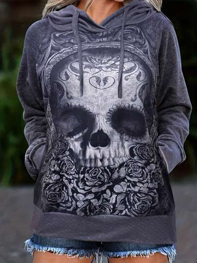 Gothic Halloween Pattern Skull Women's Long Sleeved Hooded Sweatshirt Pullover