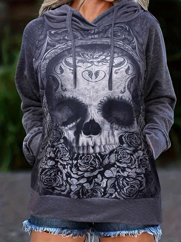 Plus Size Gothic Halloween Pattern Skull Women's Long Sleeved Hooded Sweatshirt Pullover Casual Spring