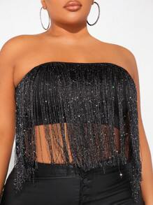 SHEIN BAE Plus Fringe Trim Crop Tube Top - Black - View 1
