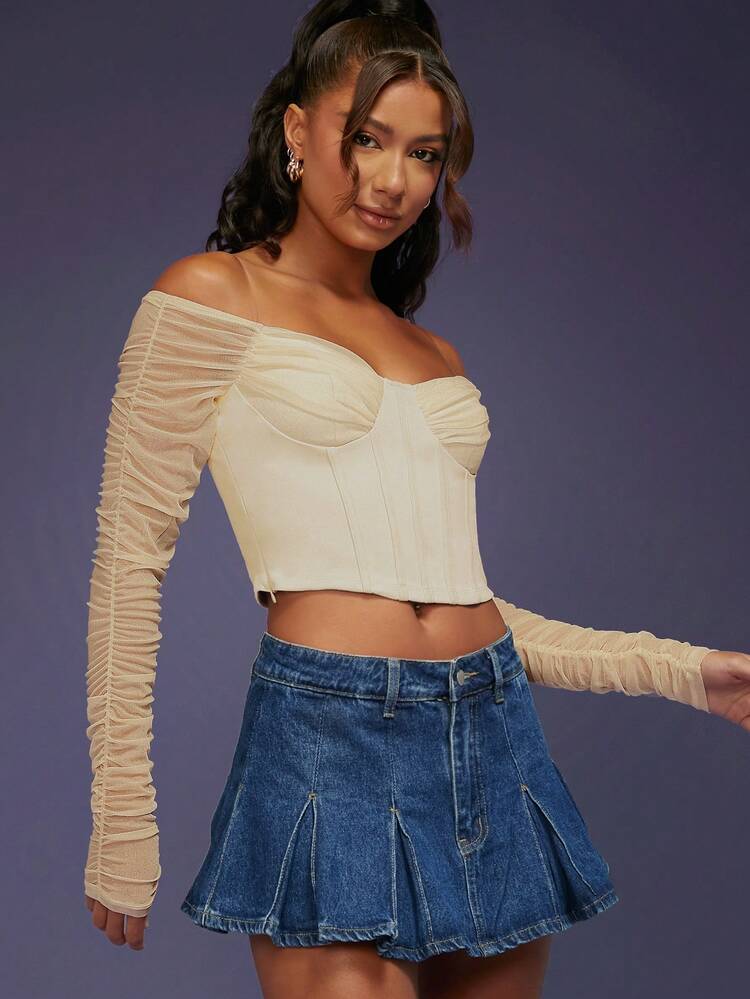 Off Shoulder Ruched Mesh Long Sleeve Crop Top