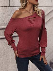 SHEIN LUNE Cut Out Asymmetrical Neck Batwing Sleeve Tee - Red - View 7
