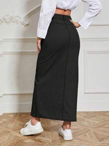 SHEIN Essnce Button Fly Dual Pocket Denim Skirt - Black - View 2