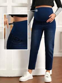 SHEIN 孕婦寬帶腰部媽媽適合牛仔褲 - 深色水洗藍 - 查看 5