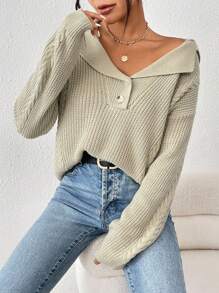 Chiquease Áo len chui đầu cổ ve áo, cài cúc phía trước, vai rớt, dệt kim kiểu cáp, thích hợp cho mùa thu đông. - Màu Khaki - Xem 5