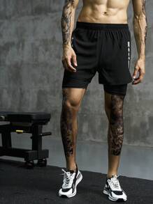 Manfinity Sport Corelite 男士字母图案二合一运动短裤，带手机口袋，黑色运动短裤 - 黑色 - 查看 1