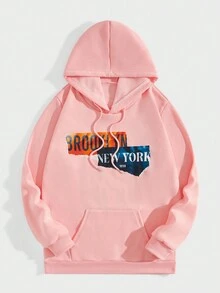 ROMWE MEN Street Life 男士建築和字母圖形拉繩保暖衛衣 - 粉色 - 查看 2