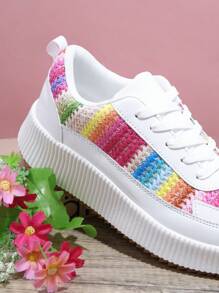 Colorblock Lace-up Front Skate Shoes - White - View 3