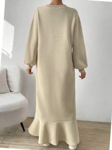 SHEIN ChicEase Slant Pocket Drop Shoulder Ruffle Hem Dress Maxi Women Outfit - Khaki - View 2