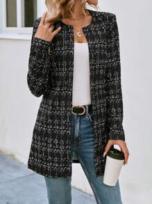 SHEIN Clasi 格子前开式粗花呢大衣，女士春/秋季优雅常规袖常规版型黑白粗花呢格子女式大衣，职业/商务装/工作服 - 黑與白 - 查看 4