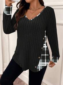 Plus Contrast Plaid Print Button Detail Tee Graphic Tees Women Tops Fall Cloth For Women - Black - View 1