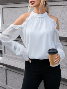 SHEIN Privé 荷葉邊下擺珍珠珠飾襯衫 - 白色 - 查看 5