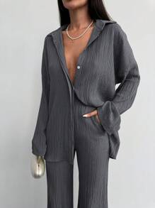 SHEIN Cottnline 2pcs/set Solid Color Textured Fabric Shirt And Pants Suit - Dark Grey - View 4