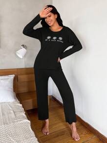 EURMUSE Floral And Slogan Graphic Ribbed Knit Tee & Pants Lounge Set - Black - View 5