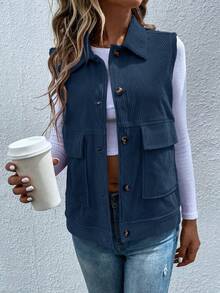 SHEIN LUNE 翻蓋口袋燈芯絨夾克背心 - 寶藍色 - 查看 5