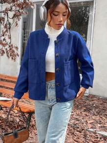 SHEIN Unity 落肩袖雙口袋前紐扣花呢外套 - 藏蓝色 - 查看 5