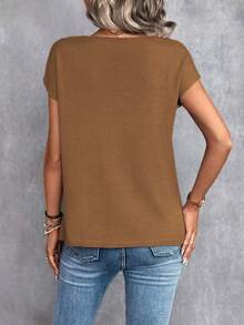 SHEIN LUNE Top de punto unicolor de manga murciélago - Caqui - Ver 2