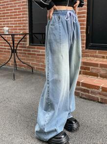 Dazy Star Women's Drawstring Waist Wide Leg Denim Pants - Medium Wash - View 5