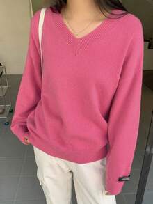 DAZY Patched Detail Drop Shoulder Sweater - Hot Pink - View 3