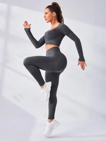 Easithlete 无缝高弹力和颈部运动套装健身套装运动套装女士健身套装女士紧身裤套装 - 灰色 - 查看 5