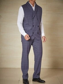 Calvornis Men Plus Plaid Double Breasted Waistcoat & Suit Pants Set Without Shirt - Blue - View 3
