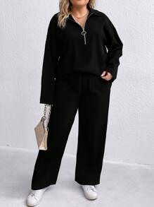 SHEIN LUNE Plus Half Zip Drop Shoulder Tee & Pants - Black - View 3