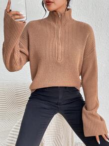 SHEIN Unity Jersey con cremallera media de hombros caídos - Caqui - Ver 7