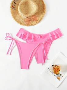 SHEIN Swim Summer Women's Ruffle Edge Tie Side Bikini Bottoms, 2pcs/Set - Pink - View 1