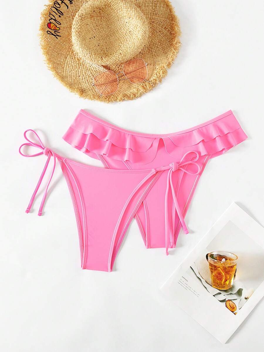 SHEIN Swim Summer Women's Ruffle Edge Tie Side Bikini Bottoms, 2pcs/Set - Pink - View 1